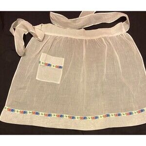 #5744 Womens White with Floral Pattern Half Apron with Pockets